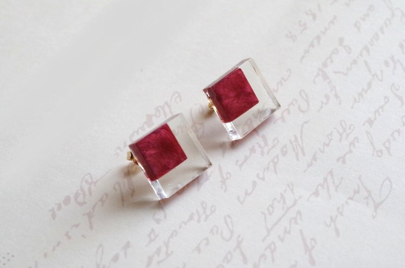 树脂艺术 金属感双方形耳环・红宝石红 - 耳环/耳夹 - 其他材质 红色