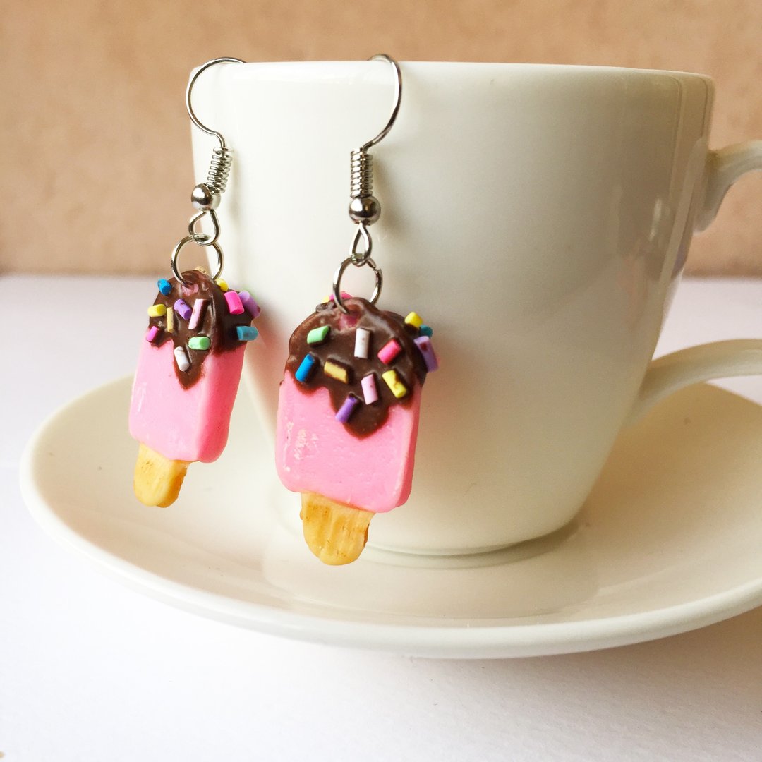 icecream earring 99  - 耳环/耳夹 - 粘土 粉红色