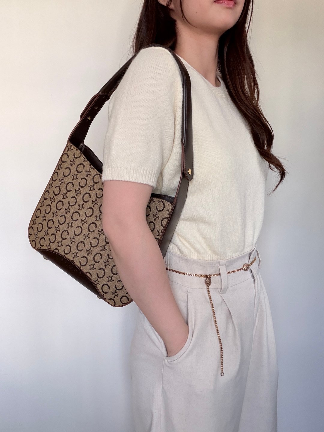 中古正品 Celine C logo 凯旋门 半月包 腋下包 通勤 轻奢侈 - 侧背包/斜挎包 - 真皮 咖啡色