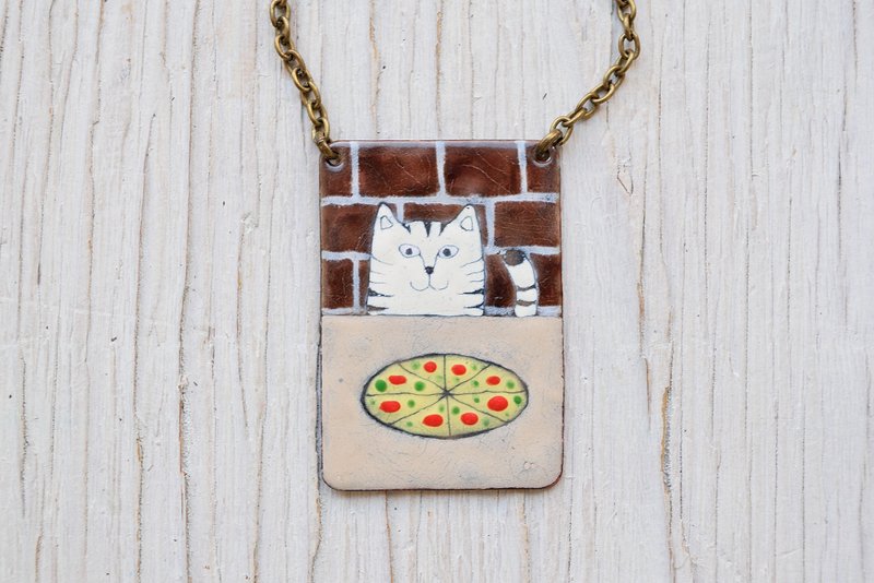 Pizza and Cat, Pizzeria, Cat Necklace, Enamel Necklace, White Cat, Restaurant - 项链 - 珐琅 咖啡色