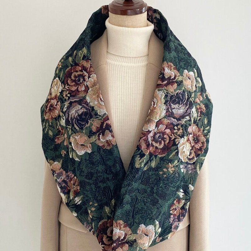 花卉图案哥布林织时尚长款围脖 | 秋冬时尚 | 深绿 花朵 - 围巾/披肩 - 聚酯纤维 绿色