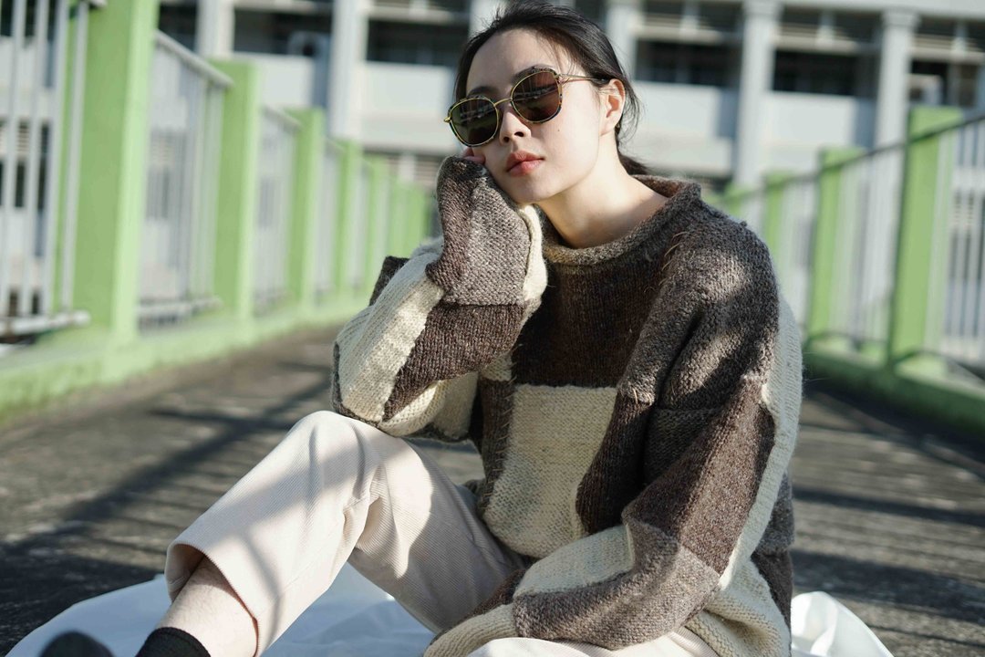 寻宝古着-尼泊尔制手工几何拼接西藏羊毛保暖粗针织毛衣 - 女装针织衫/毛衣 - 羊毛 白色