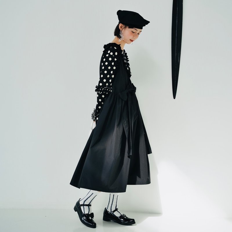 黑色蝴蝶结V领背心连身裙 / 洋装 复古 裙子 - 洋装/连衣裙 - 棉．麻 黑色