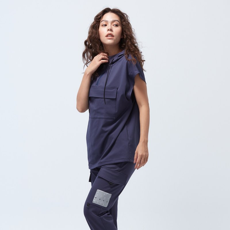 REBOOT-苏活logo口袋连帽背心-夜影灰 - 女装上衣 - 聚酯纤维 蓝色