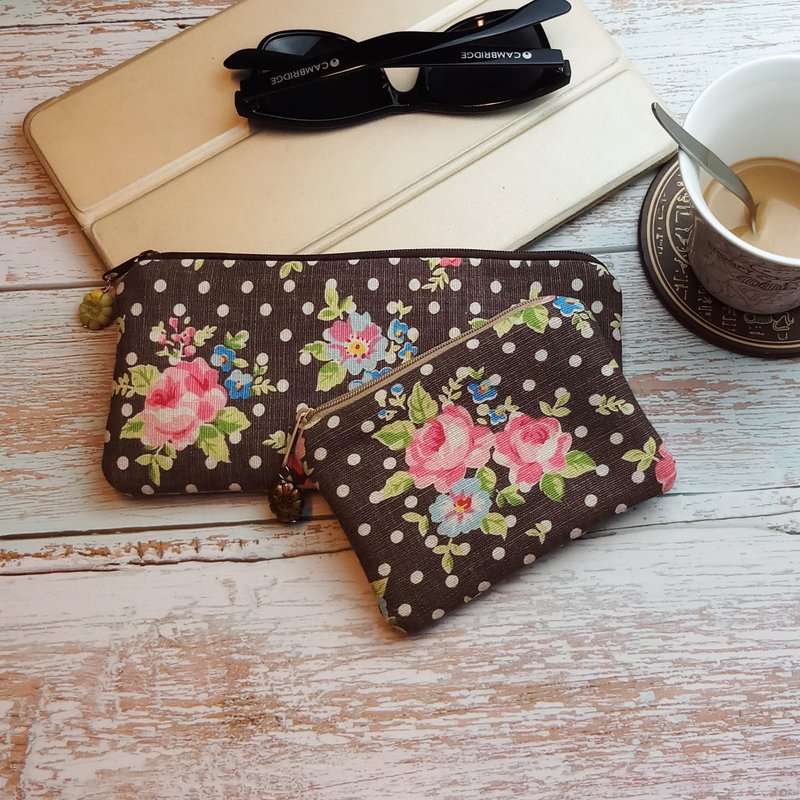 拉链包 散纸包 笔袋 化妆袋 收纳包两件套 (PS-039) - 化妆包/杂物包 - 棉．麻 咖啡色