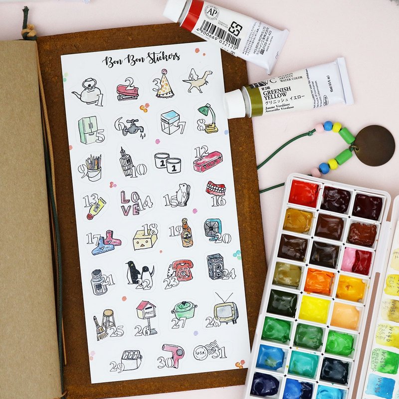 割型贴纸 水彩小物 日付贴纸 - 贴纸 - 纸 