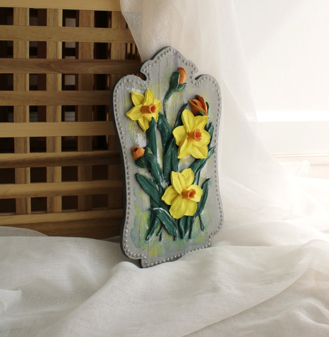 Yellow daffodils original painting, textured wall art, farmhouse wall decor - 墙贴/壁贴 - 其他材质 