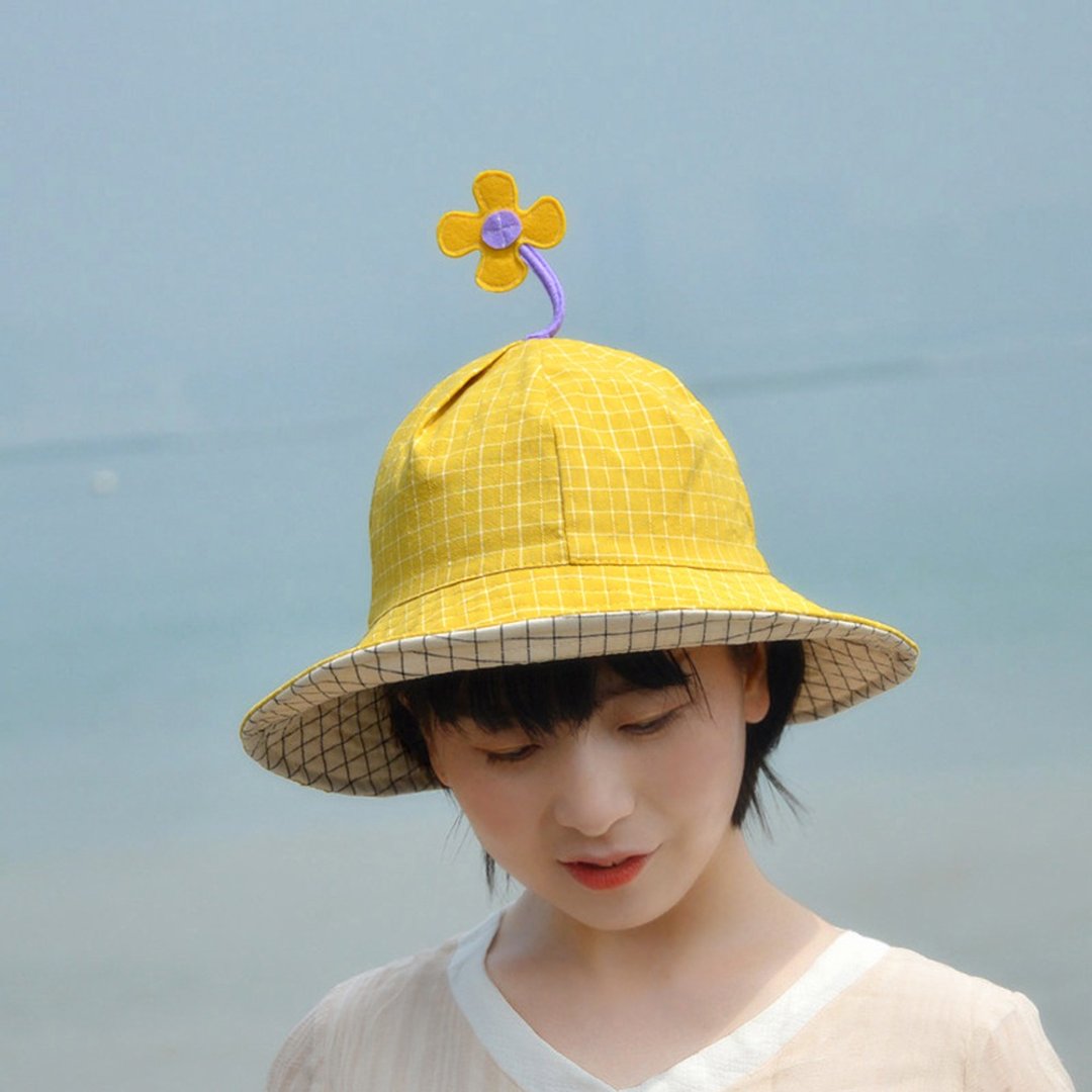 向阳花 可爱童趣花朵渔夫帽 夏天沙滩度假防晒大檐帽 - 帽子 - 棉 黄色