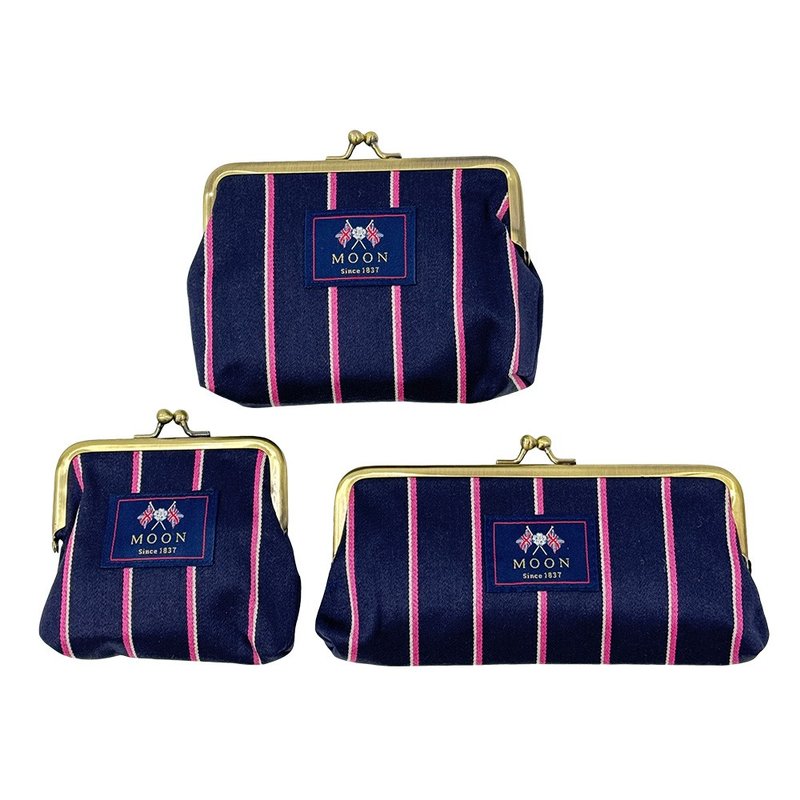 日本丸真 MOON 英伦风复古双扣小包 蓝底粉条纹 - 收纳用品 - 聚酯纤维 