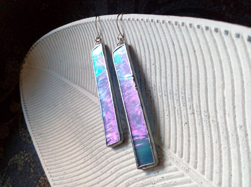 玻璃耳環 幾何 Iridescent glass mosaic earrings. stained glass cute rectangle earrings. - 耳环/耳夹 - 玻璃 蓝色