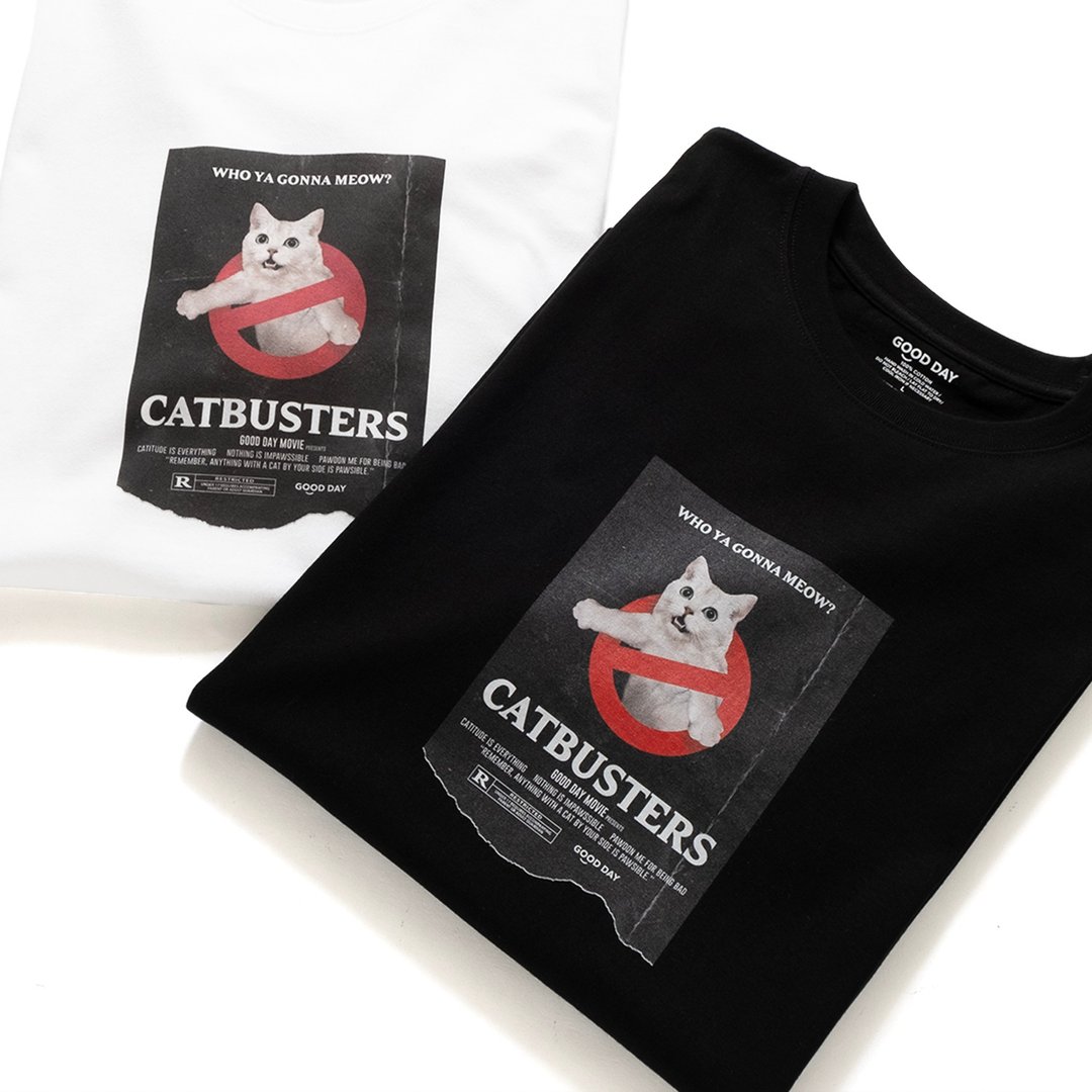 【GOOD DAY】CATBUSTERS图案Tee - 白色//黑色 (ZT1118) - 男装上衣/T 恤 - 棉 黑色