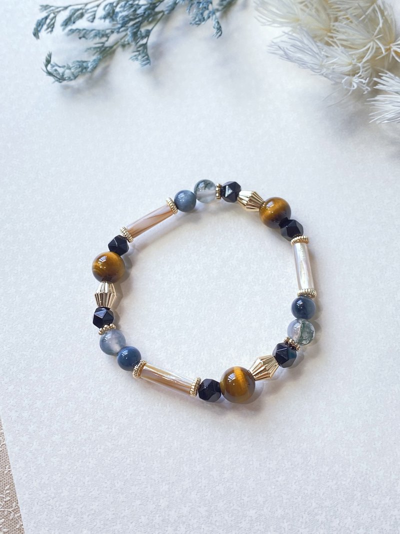 黄虎眼 蓝虎眼 黑曜石 水草玛瑙 贝母||防小人 招财勇气 水晶手链 - 手链/手环 - 水晶 黄色