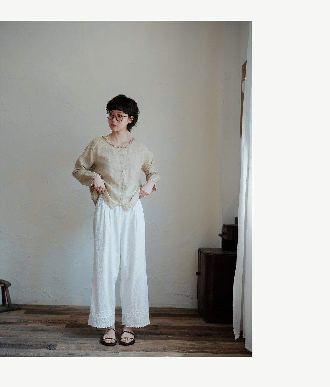 纯棉白色花边拼接直筒裤 - 女装长裤 - 棉 多色