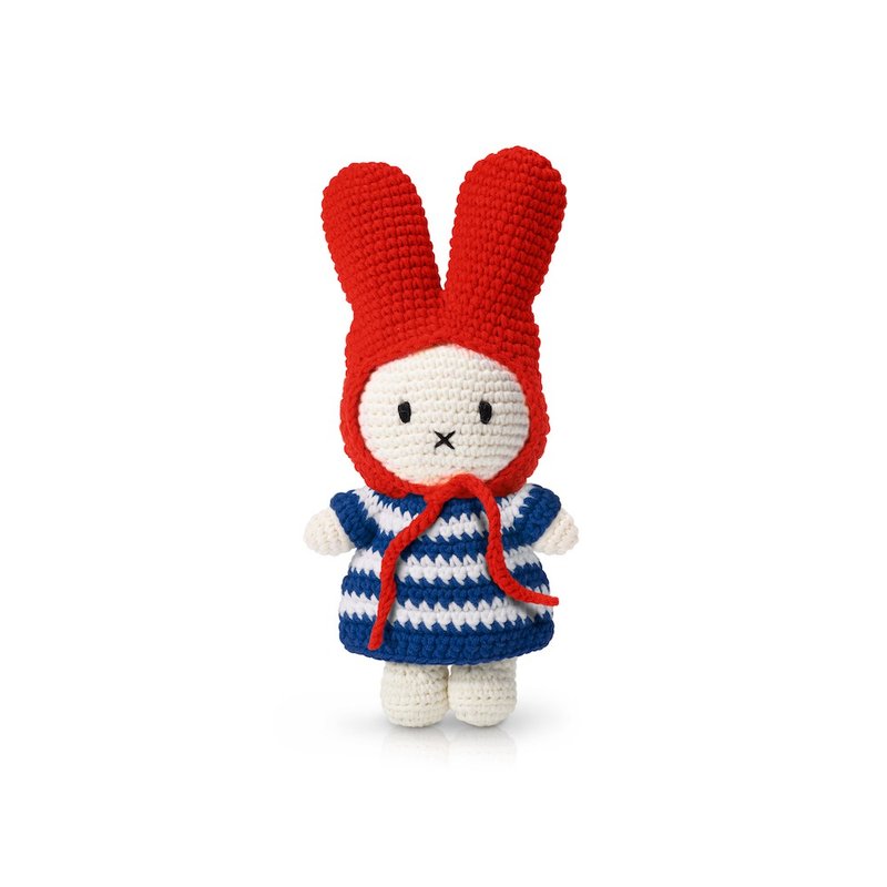 荷兰Miffy米飞兔【miffy&蓝白粗条纹洋装+兔兔红帽】纯棉钩针娃娃 - 玩偶/公仔 - 棉．麻 红色