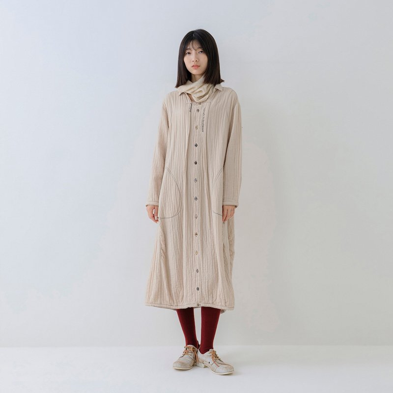 漫步竹节绣线衬衫长洋装 - 洋装/连衣裙 - 棉．麻 白色