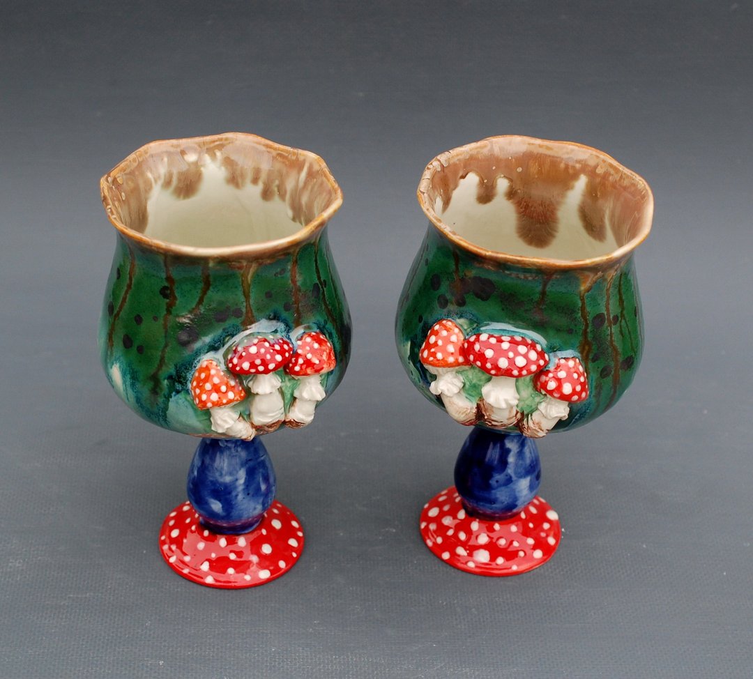Mulled wine glasses Mushrooms figurines Porcelain wine glasses Amanita goblet 陶瓷 - 酒杯/酒器 - 陶 多色