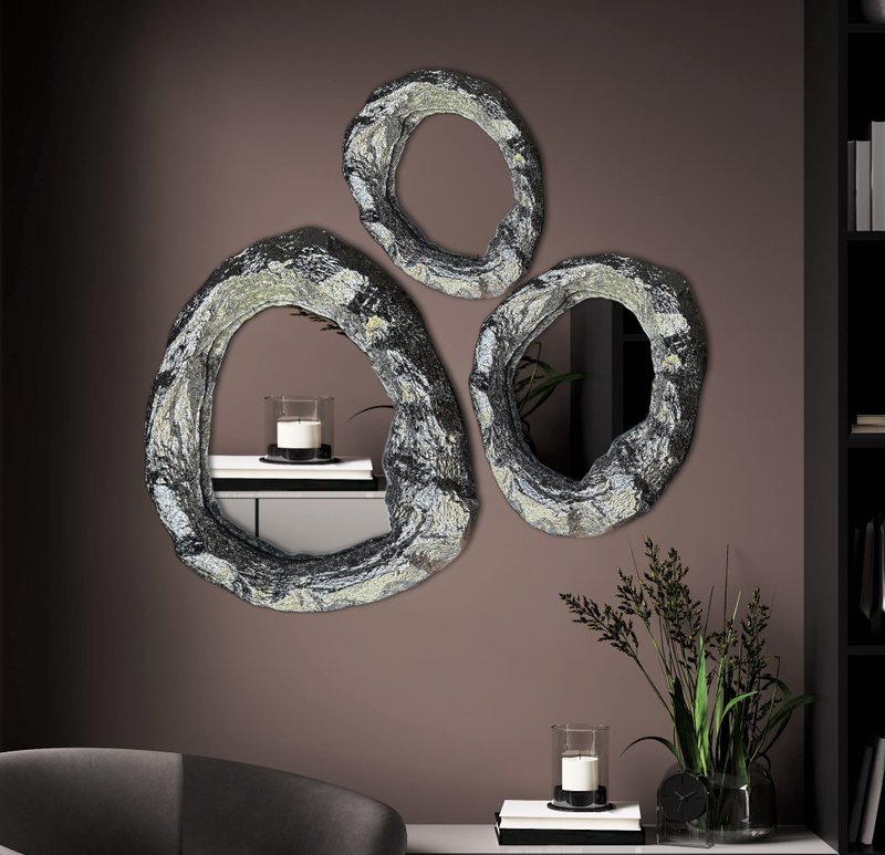 一组 3 面圆形镜子，家用挂镜，银框镜子 - 墙贴/壁贴 - 其他材质 银色