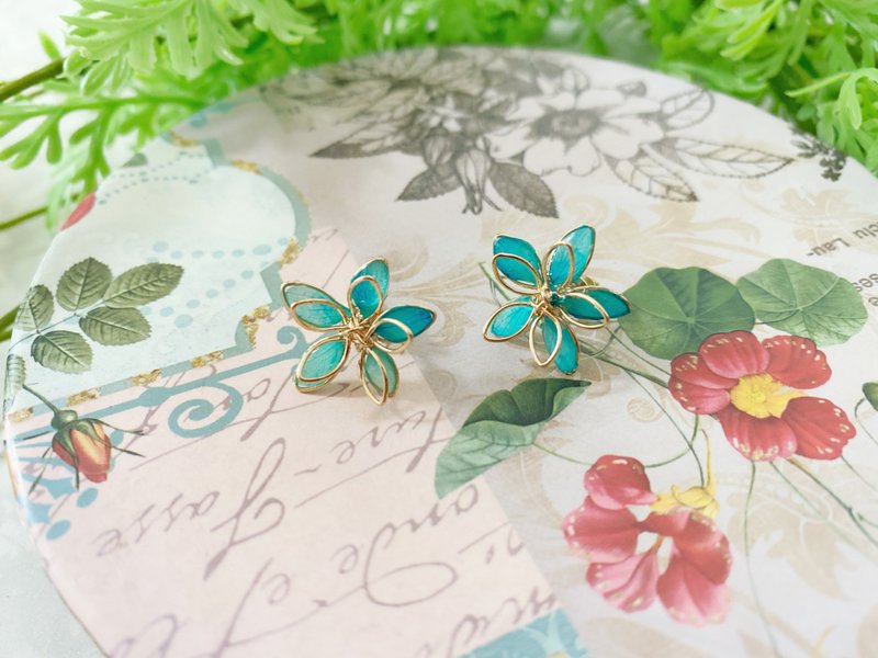 真花押花绣球花 绕线花组合 耳钉 18K包金耳针(可转耳夹式) - 耳环/耳夹 - 植物．花 蓝色