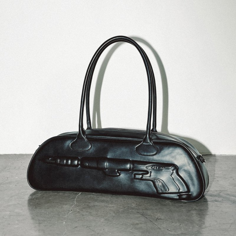 Plaque Shoulder Bag 立體电钻 長柄法棍包 手提/斜挎 大容量 - 侧背包/斜挎包 - 人造皮革 黑色