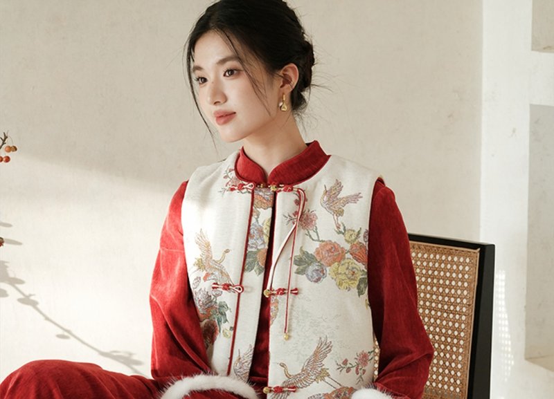 新中式復古中國风 金丝提花新婚新年背心 - 女装背心 - 聚酯纤维 红色