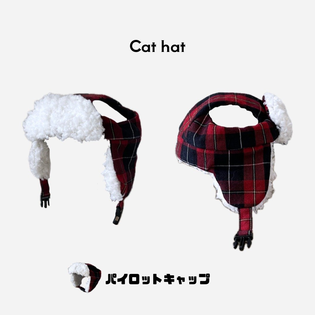 猫咪帽子 飞行帽 × 红色格纹 - 衣/帽 - 棉 红色