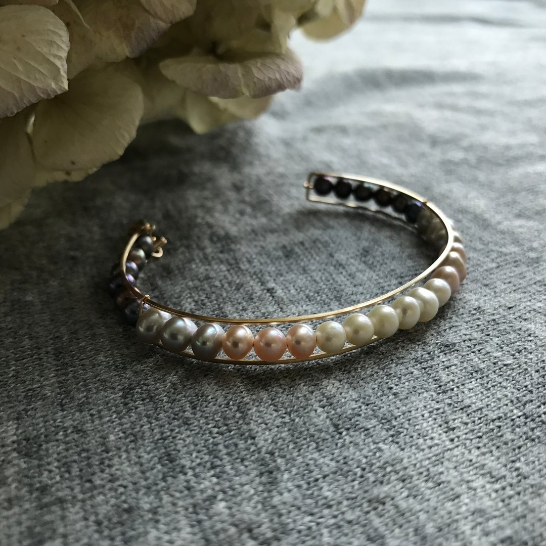 Bangle, freshwater pearl and 14KGF rare gradation bangle, LunaBg01 - 手链/手环 - 其他金属 金色