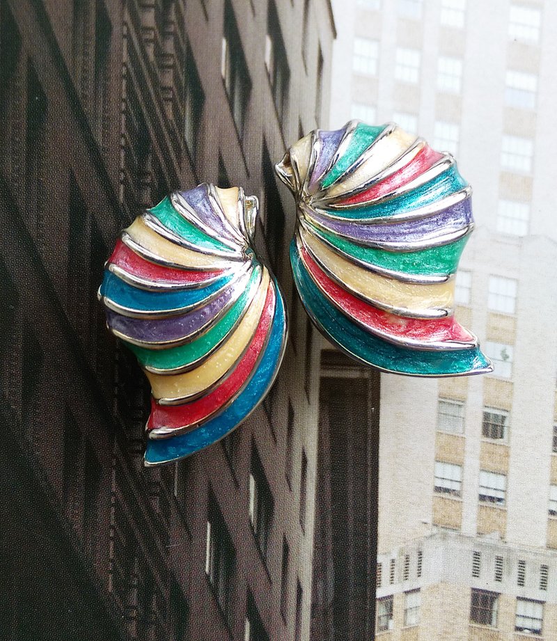 【西洋古董饰品 】 对称 银色调 流线彩虹 夹式耳环 - 耳环/耳夹 - 其他材质 金色