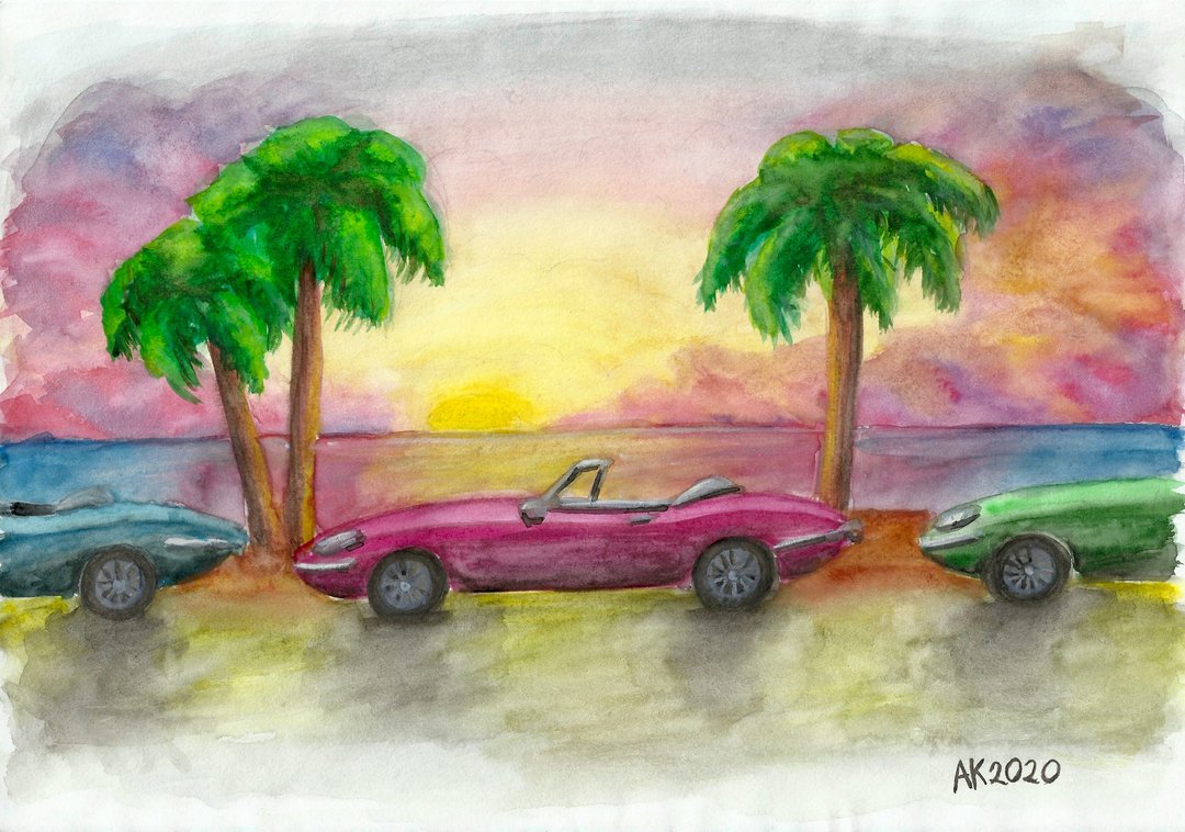 南方共鸣水彩画，迈阿密海滩，捷豹汽车，家居装饰， - 墙贴/壁贴 - 其他材质 多色