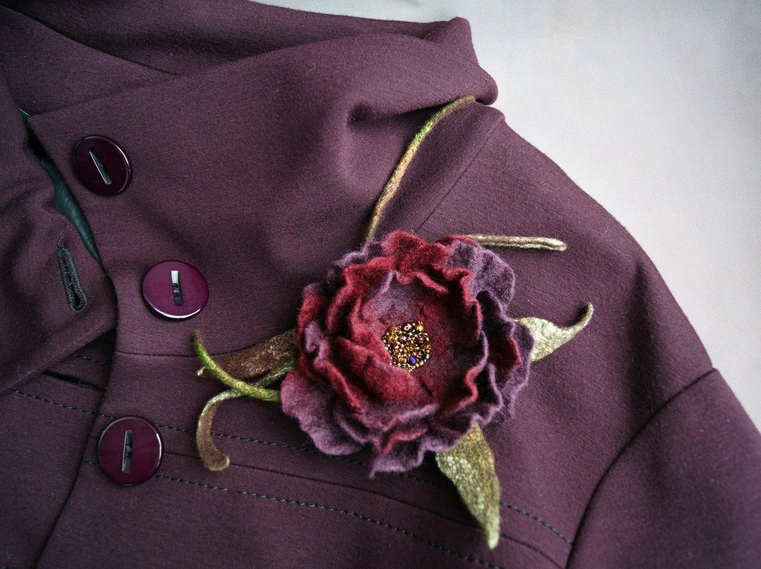 Brooch,Pin for brooch,Flower Brooch,Retro Brooch,Purple Brooch,Felt Brooch,Pin w - 胸针 - 羊毛 红色