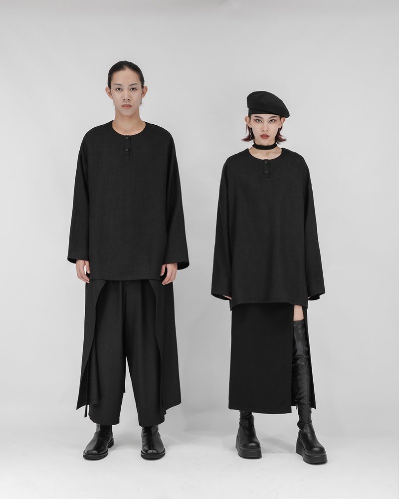 MUKK DESIGN 亨利领亚麻上衣 - 男装衬衫 - 棉．麻 黑色