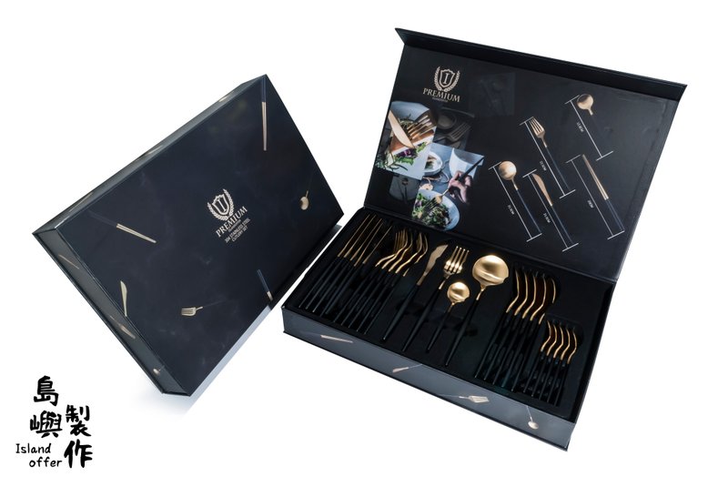 Islandoffer 岛屿制作 黑金色礼盒304不锈钢西餐餐具刀叉匙(24件) - 餐刀/叉/匙组合 - 不锈钢 金色