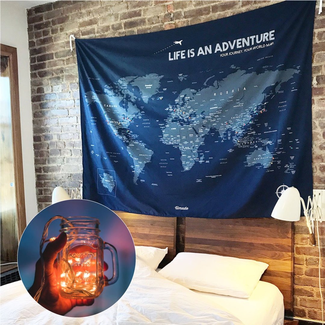 【情人节礼盒】世界地图壁幔 + 星光丝线 LED 灯 + 质感牛皮礼盒 - 地图 - 聚酯纤维 蓝色