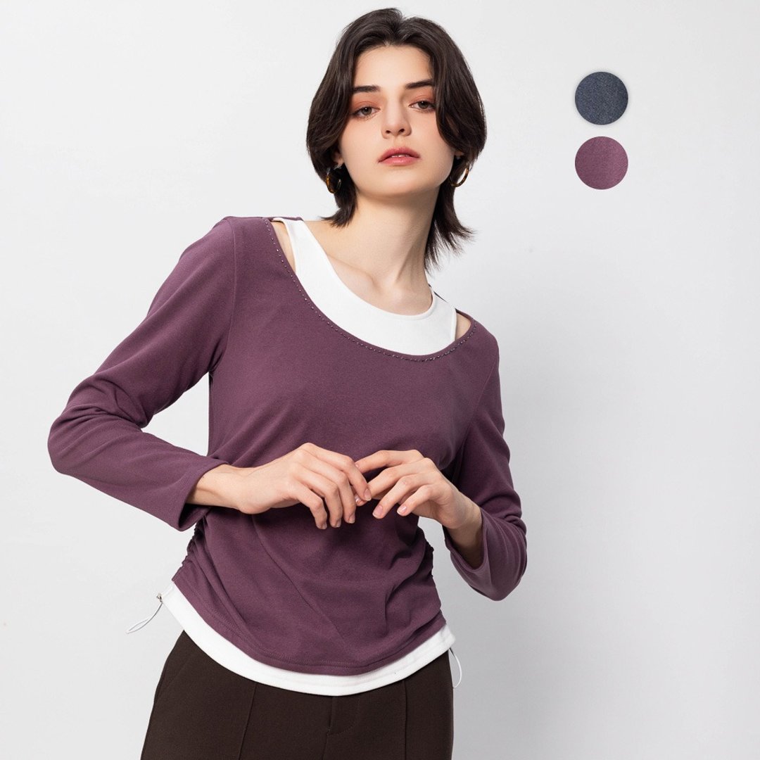 【MEDUSA】假两件背心绒面抽绳T恤-2色(M-XL) | 休闲保暖上衣 - 女装 T 恤 - 聚酯纤维 紫色