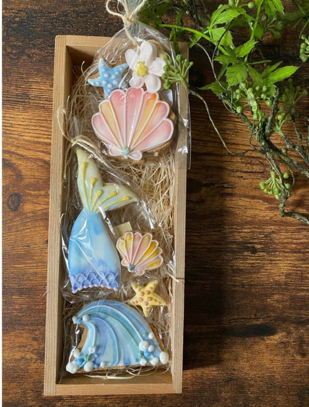 有机糖霜饼干木制礼品盒　海　貝殻　人魚　波 - 手工饼干 - 其他材质 蓝色