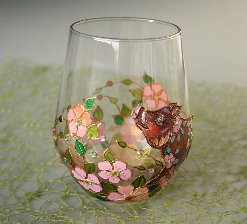Wild Pig One Glass Hand Painted, Stemless  glass, candleholder - 碗 - 玻璃 多色