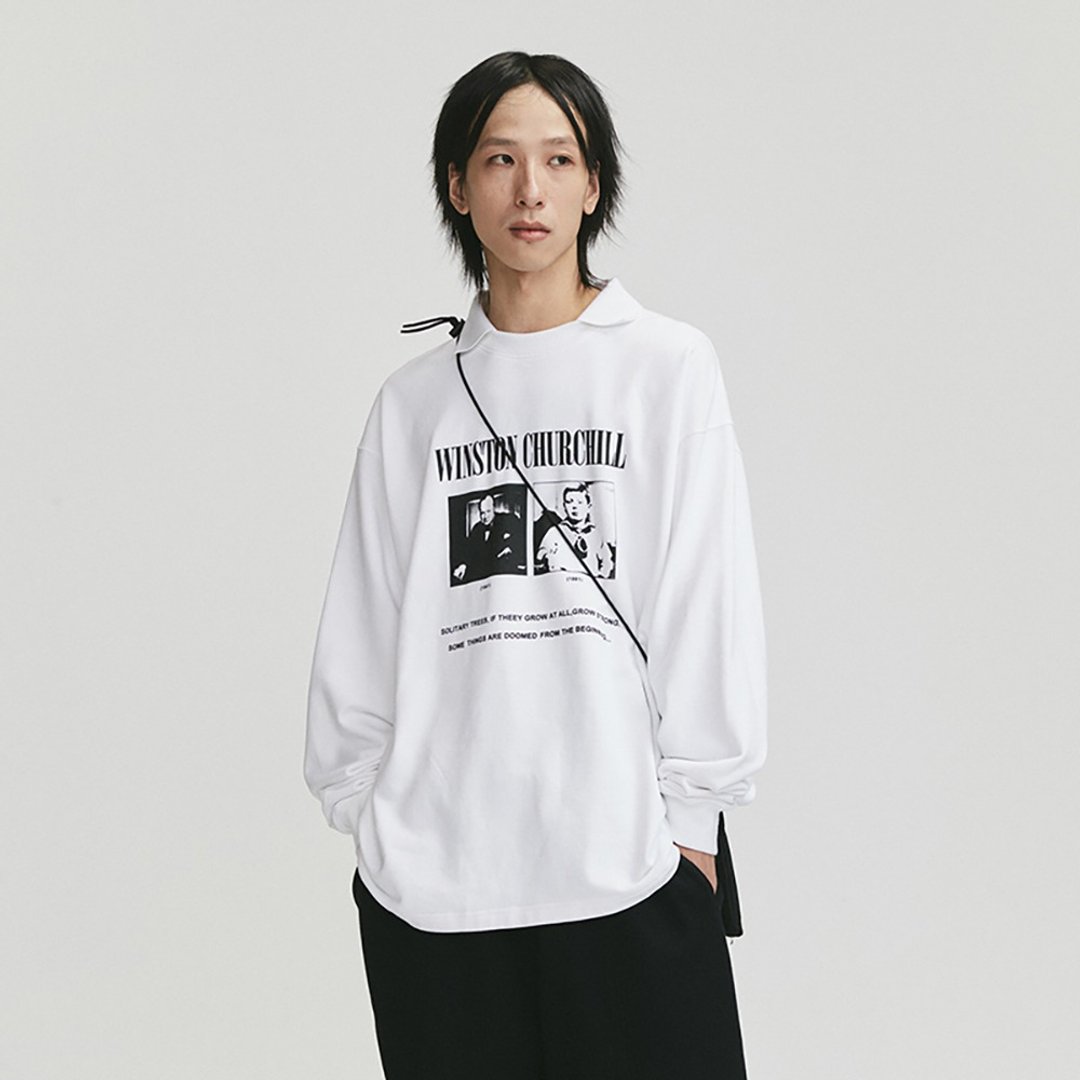 MOKACME 20FW 丘吉尔人物印花POLO衫情侣装 - 男装上衣/T 恤 - 聚酯纤维 白色