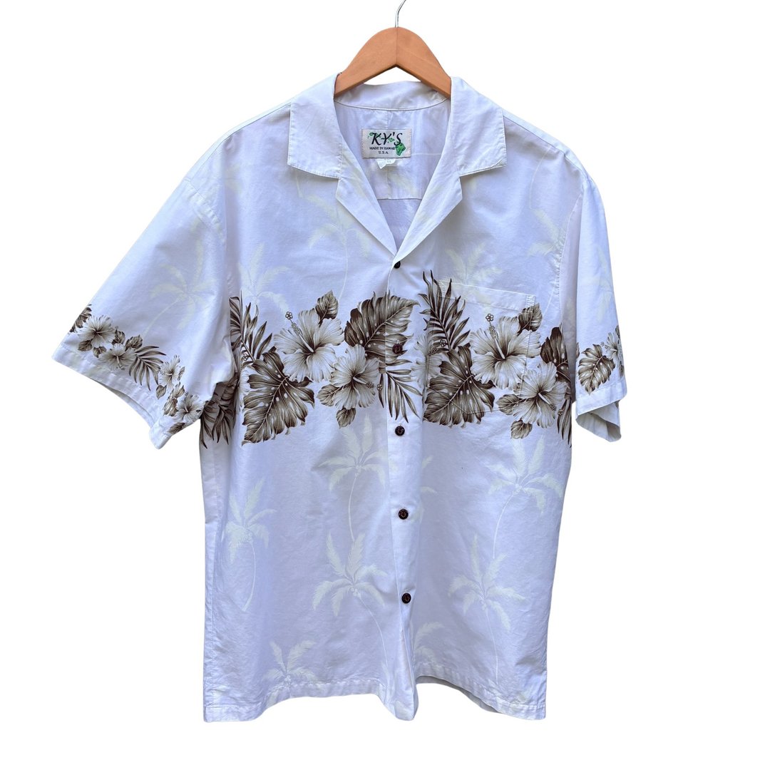 复古 90 年代 KY'S 白色与棕色扶桑花条纹夏威夷衬衫 100% 纯棉 - 男装衬衫 - 棉 白色
