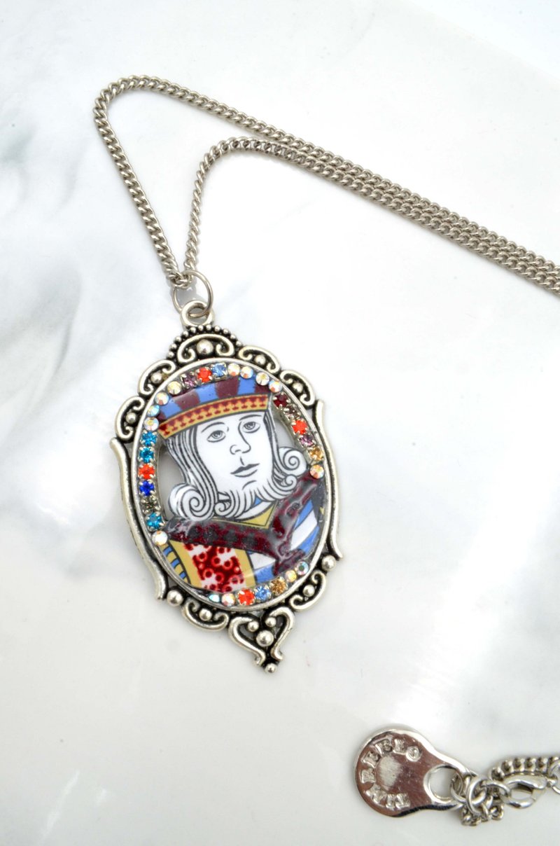 镂空朴克国王巴洛克花框银色项链 宝石镶边细节水晶装饰 全人手制 - 项链 - 其他金属 多色