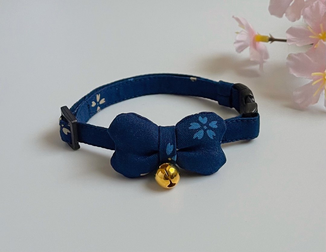 丰满樱花花瓣丝带x藏青色猫项圈 猫项圈 - 项圈/牵绳 - 棉 蓝色