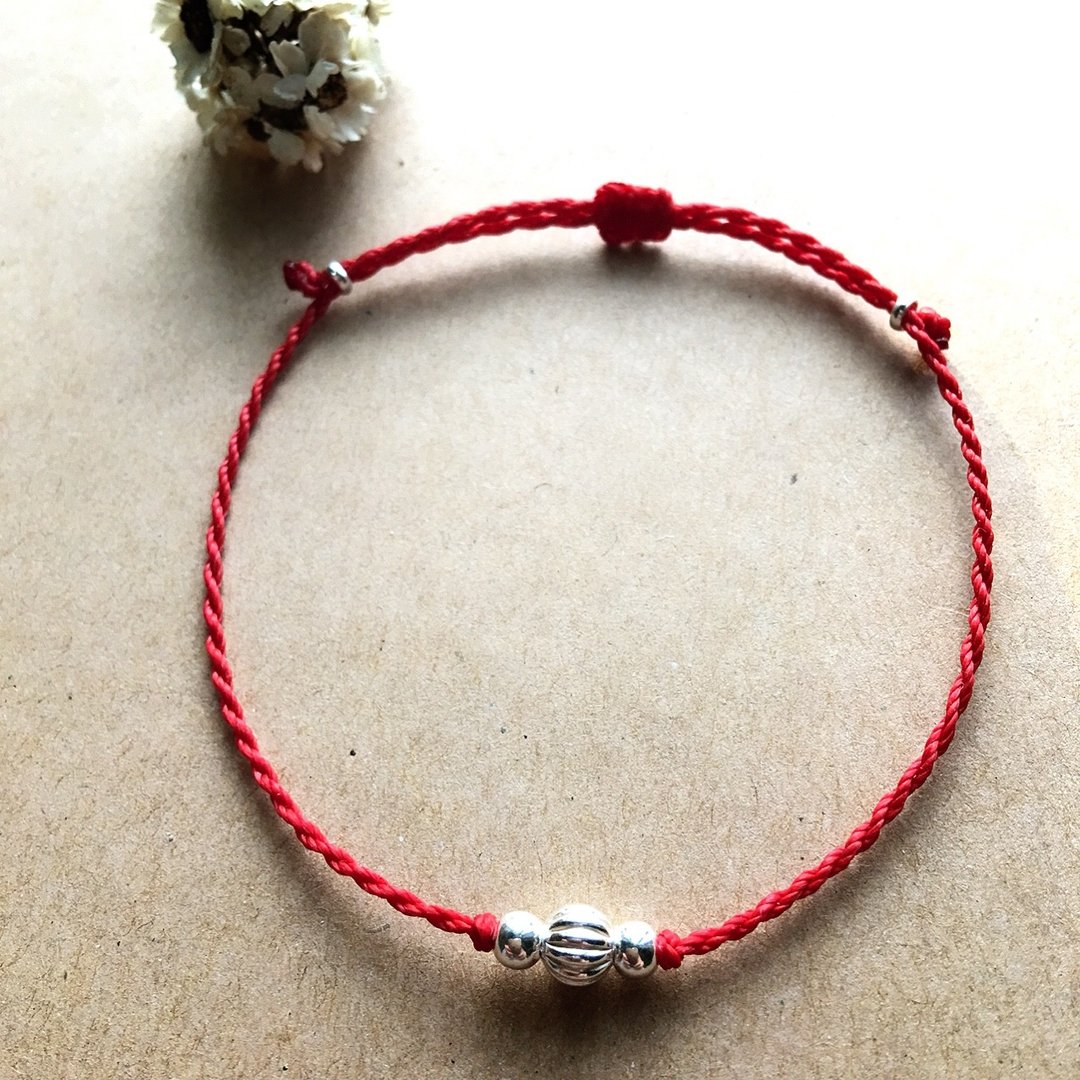 大珠小珠/巴西蜡线/纯银/编织手链 / 925 silver bracelet / 脚链 - 手链/手环 - 其他金属 红色