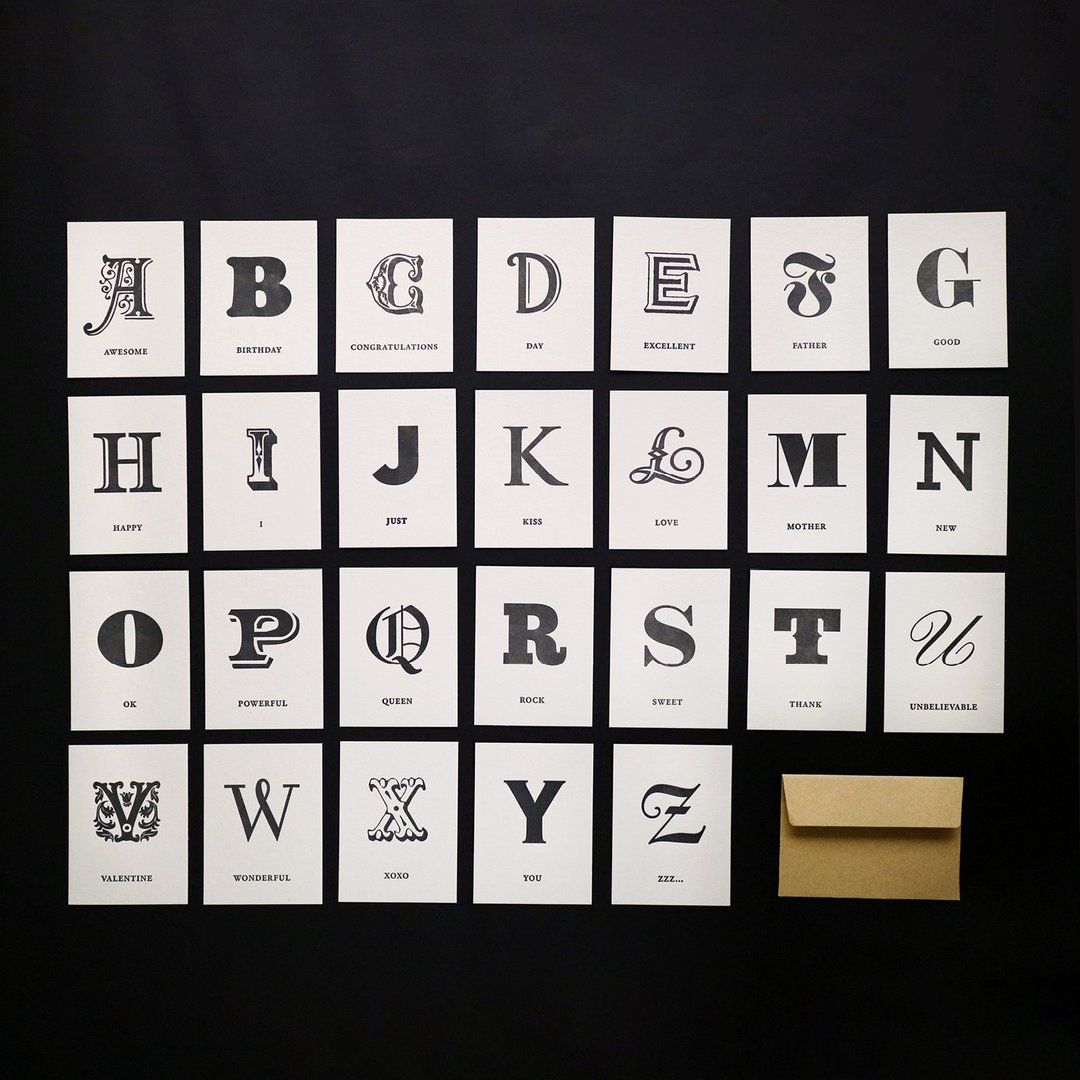 活版印刷英文字母小卡 A to Z 套组 - 卡片/明信片 - 纸 黑色