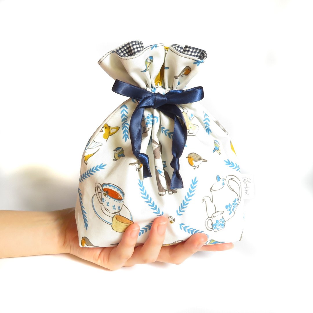 Kogichaku Corgi, Wild Birds and Afternoon Tea Blue Drawstring Pouch - 化妆包/杂物包 - 棉 蓝色