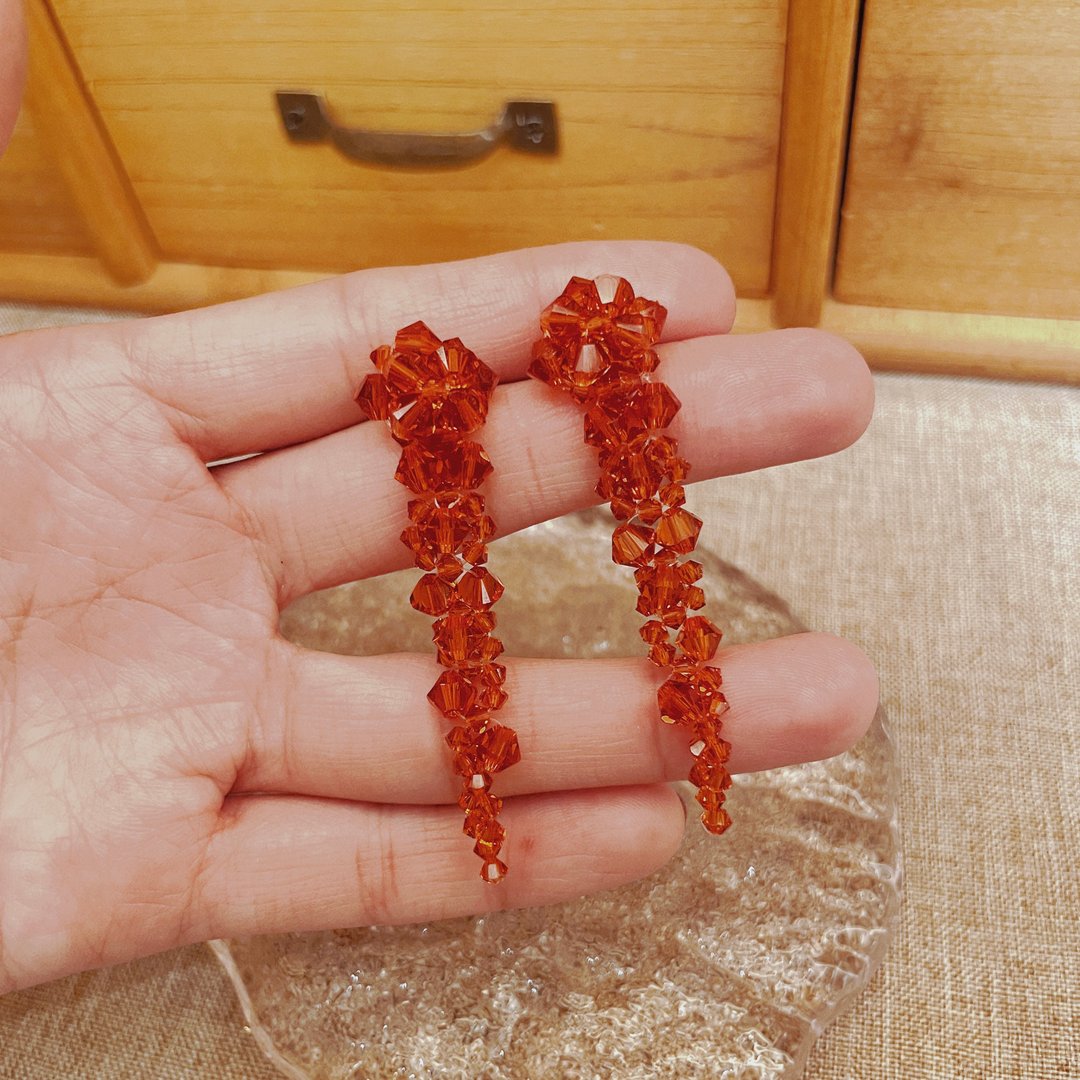 烟花 | 施华洛世奇水晶串珠耳环 - 耳环/耳夹 - 水晶 红色