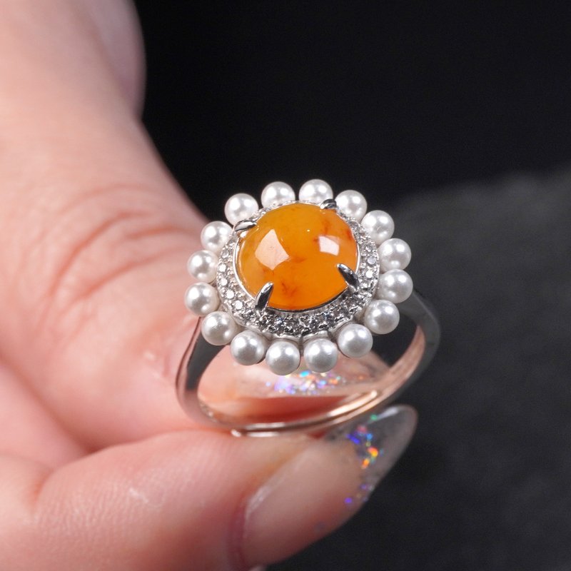 冰种黄翡翡翠蛋面戒指 925纯银 | 天然缅甸玉翡翠A货 | 送礼 - 戒指 - 玉石 橘色