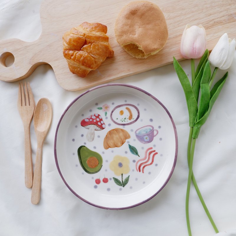 Picnic recipe ceramic plate (L) | Purple edge - 浅碟/小碟子 - 陶 多色