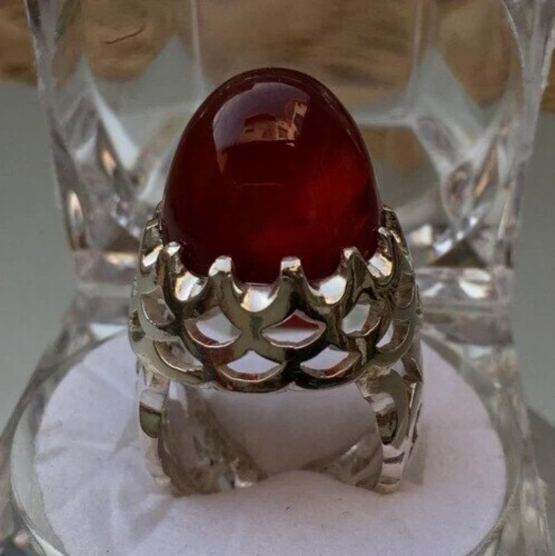 Shefat Al Abad Habshi Kabidi 也门玛瑙 (Aqeeq Akik Agate) 血色光晕戒指 - 戒指 - 宝石 红色