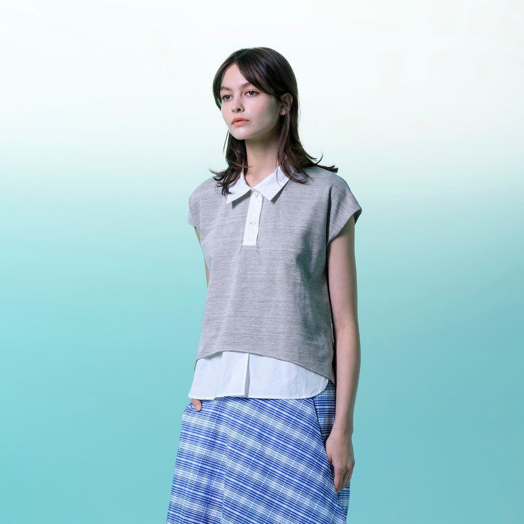 叠穿感双层拼接上衣 - 女装上衣 - 棉 灰色