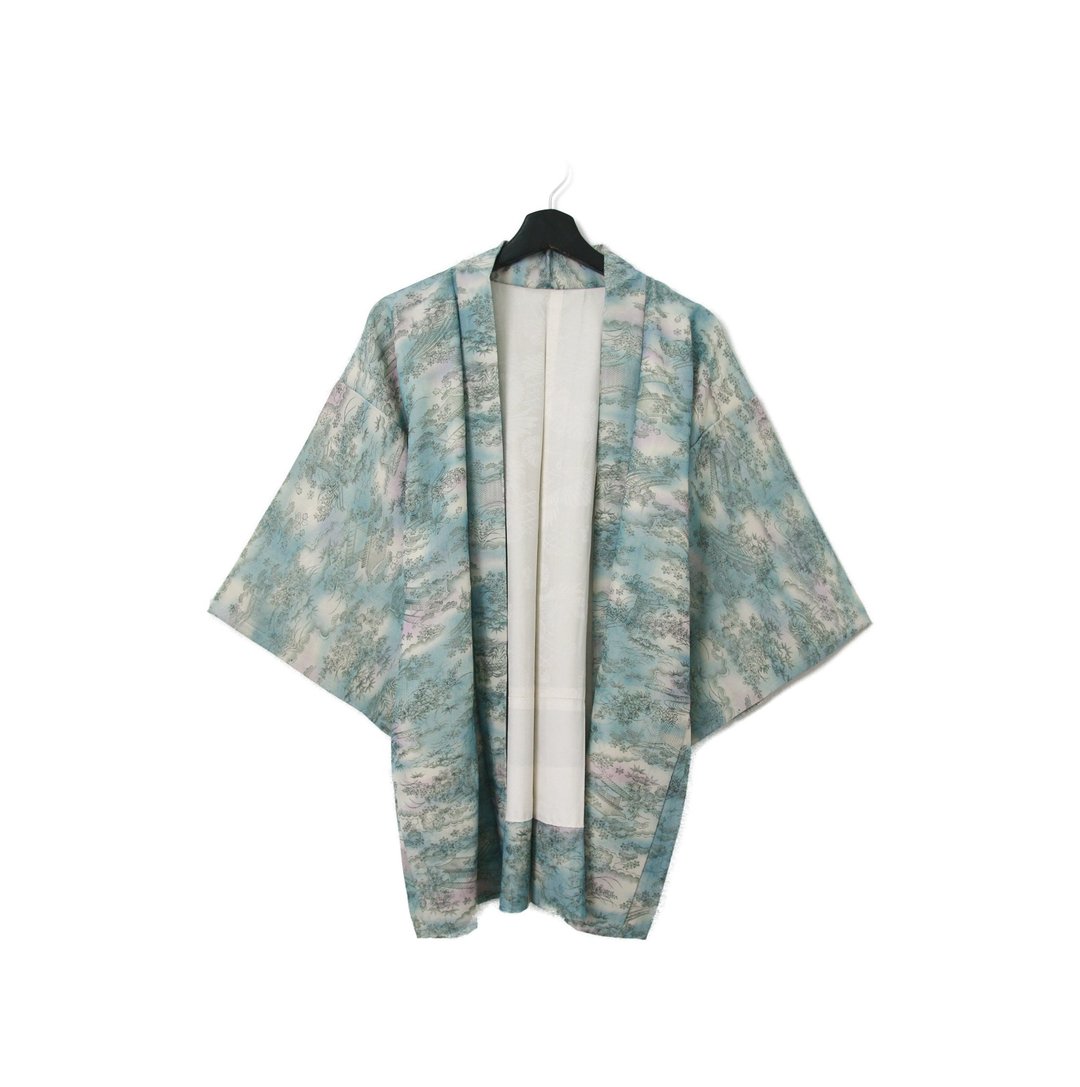 Back to Green-日本带回羽织水蓝色手绘城镇kb-21/vintage kimono - 女装休闲/机能外套 - 丝．绢 