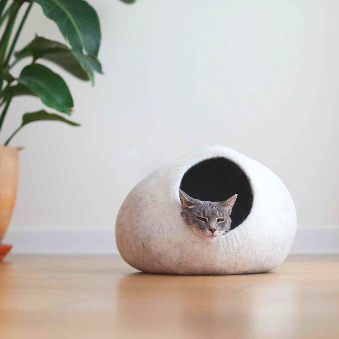 保暖猫窝 渐层灰猫窝 极简猫窝 蛋壳猫窝 手工羊毛毡猫窝 宠物床 - 床垫/笼子 - 羊毛 