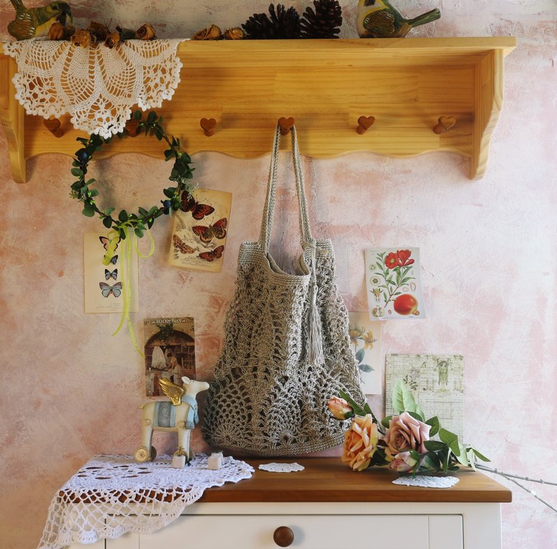 【现货】Handmade手工编织/苎麻绳编织网袋/购物袋/肩背包/流苏 - 手提包/手提袋 - 棉．麻 灰色